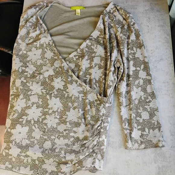 Sigrid Olsen Sage Green Floral Print Faux Wrap 3/4 Sleeve Mesh Top Size XL - Picture 10 of 13
